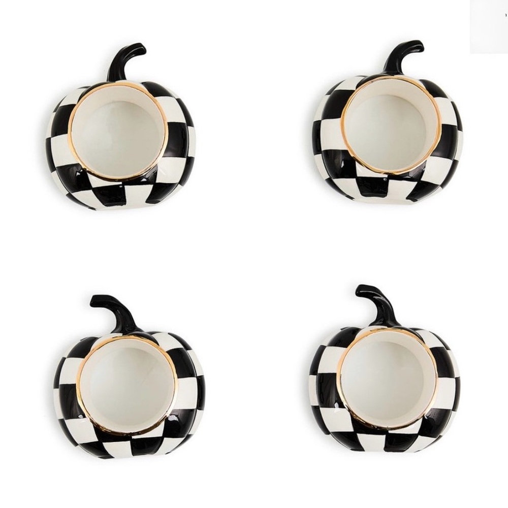 Mackenzie Childs COURTLY CHECK PUMPKIN Napkin Ring Set of 4 Hand-Painted Ceramic